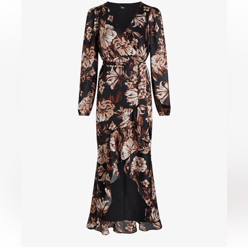 NWT Express Floral Surplice Ruffle Hi-Lo Maxi Dress